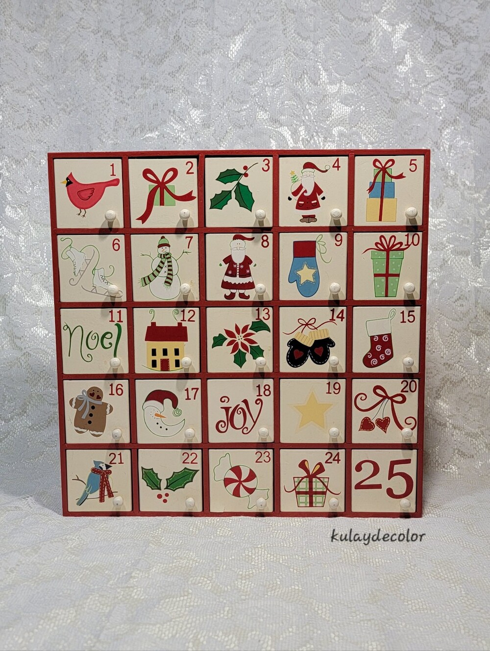 Large Wooden Christmas Advent Calendar 25 Compartment Holiday Decor 13.25"